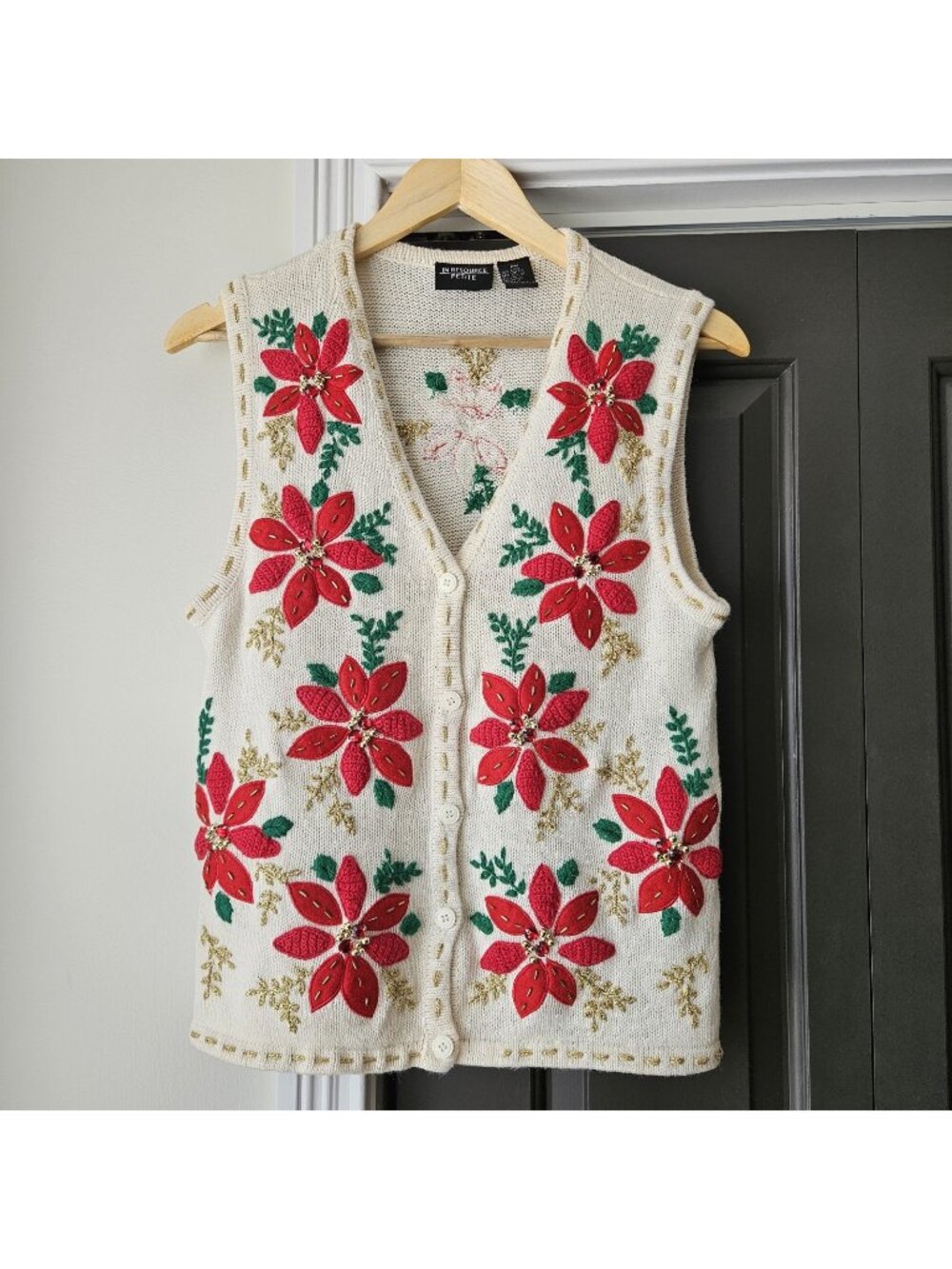 VTG In Resource Poinsettia Tacky Teacher Sweater Vest M Petite PM Granny Holiday